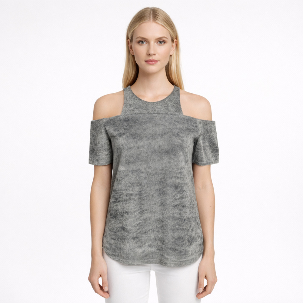 Laura Siegel Genuine Suede Cold Shoulder Top XS Gray Leather Blouse High Low